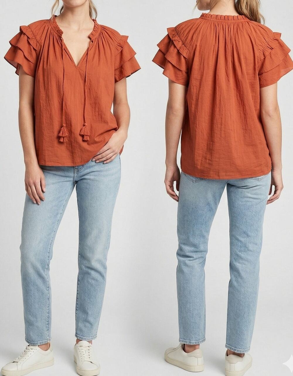Rose + Olive V Neck Flutter Sleeve Ruffle Top 100% Polyester